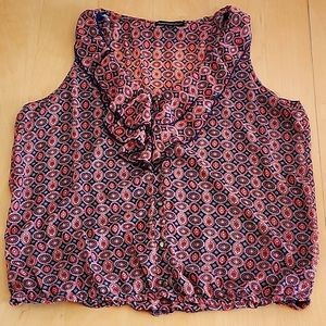 Heart Soul Plus 2x navy & orange patterned sleeveless blouse w front ruffle